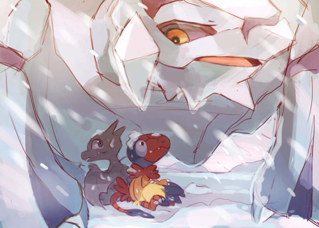 Avalugg protects two small Pokémon from snowstorm in a heartwarming winter wallpaper scene