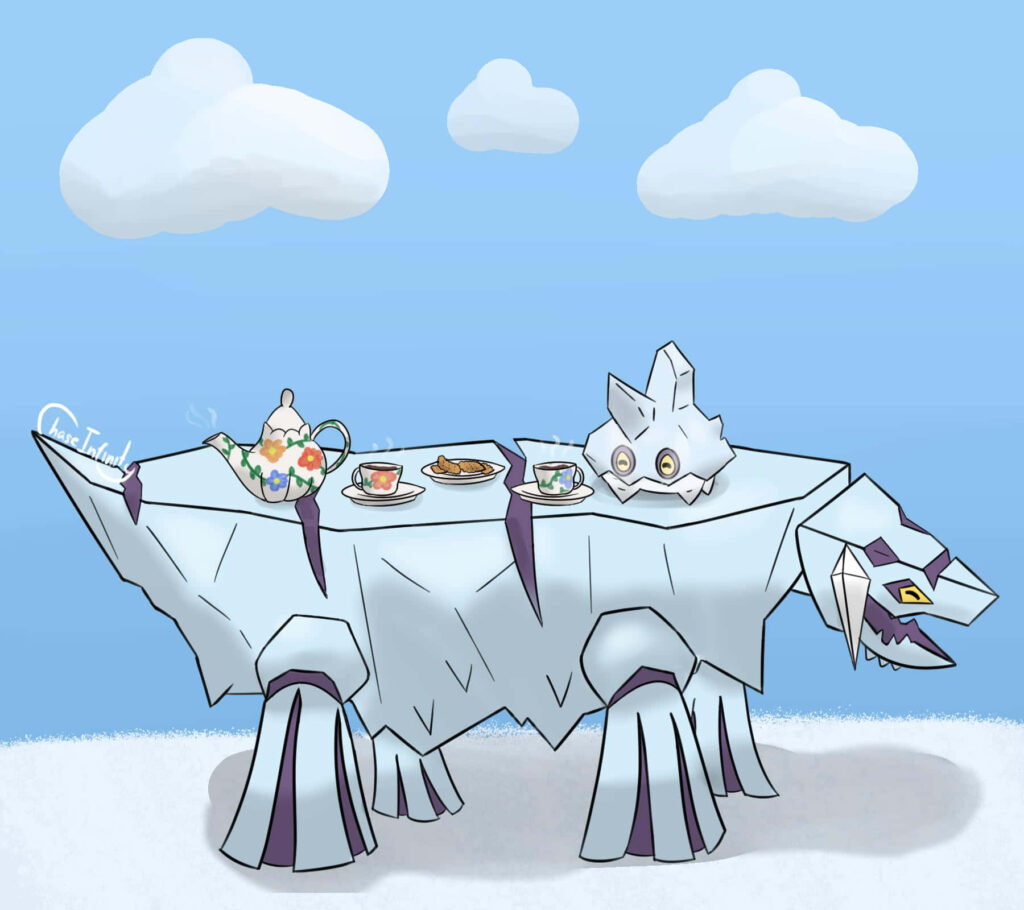 Avalugg transformed into sturdy icy table with teapot cups treats against bright cloudy sky wallpaper