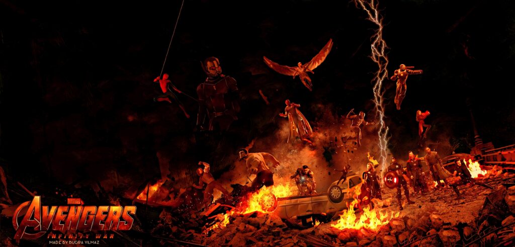 Avengers Infinity War fan art wallpaper featuring heroes in fiery battlefield with flames lightning