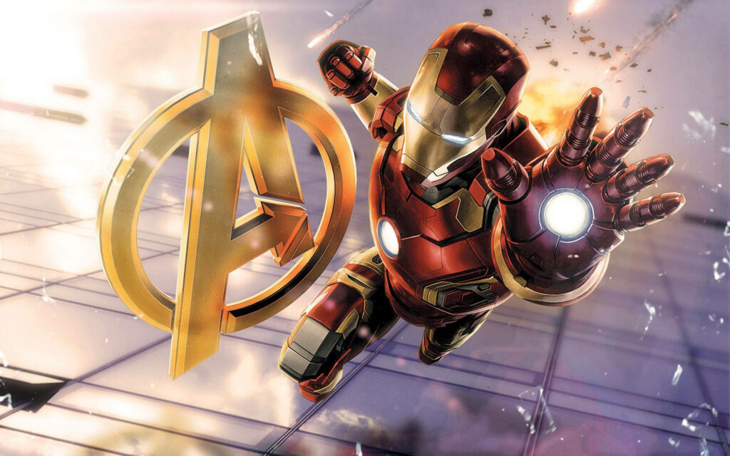 Iron Man firing repulsor blast in flight with glowing Avengers logo fiery background wallpaper