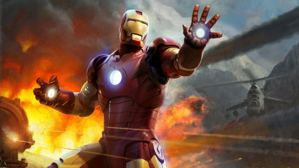 Iron Man in battle pose glowing repulsors fiery warzone digital art superhero wallpaper