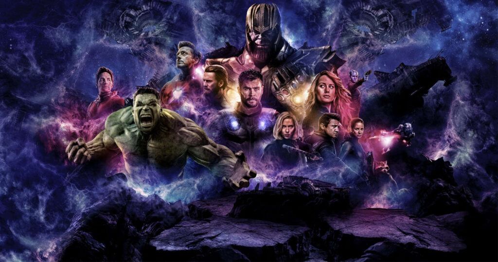 Avengers team and Thanos cosmic showdown wallpaper with vibrant purple galaxy background