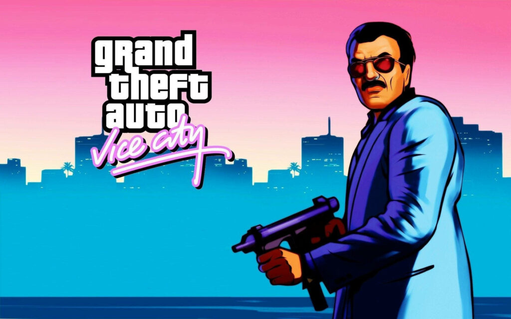 Ambitious Avery in Action: Stunning Gta Vice City Wallpaper showcasing the Dapper Protagonist with a Submachine Gun