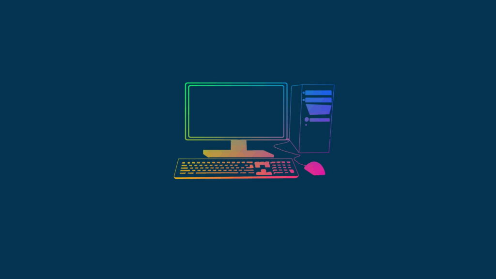 Neon rainbow outlined desktop setup with monitor keyboard and mouse on navy background wallpaper