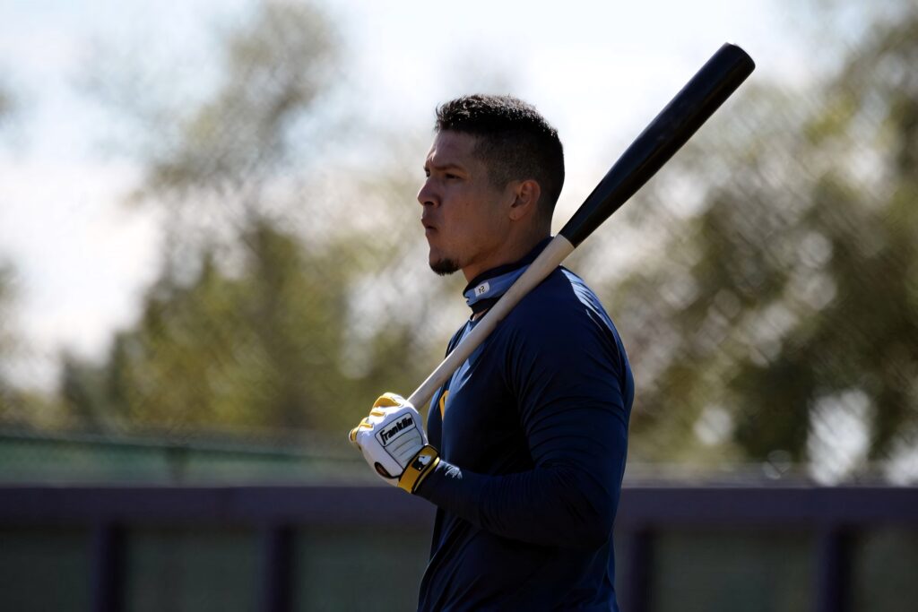Avisail Garcia poised with bat on shoulder ready for baseball action bright sky background Wallpaper