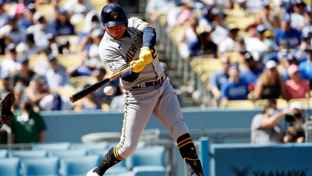 Avisail Garcia swinging baseball bat in Milwaukee Brewers uniform intense game action wallpaper
