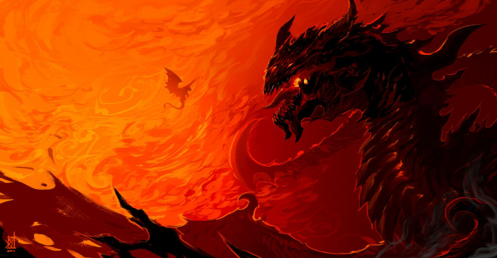 Roaring Majesty: A Red 4k Uhd Dragon Art Wallpaper with a Magnificent Black Dragon Under Red Skies