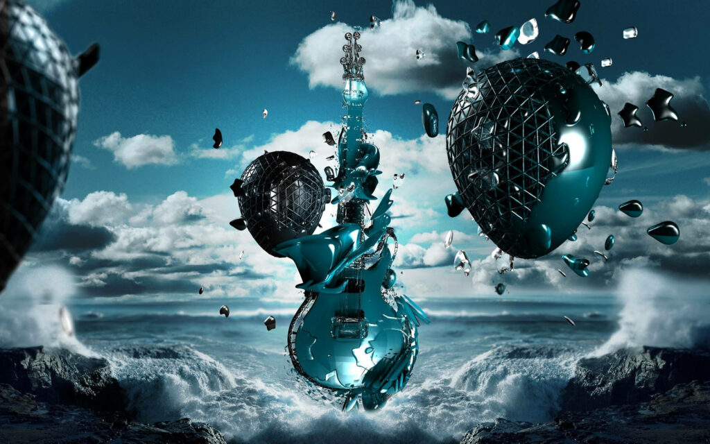 Levitating Melodies: A Futuristic Surreal Electric Guitar Serenades with Robot Eggs Above the Turbulent Sea Wallpaper