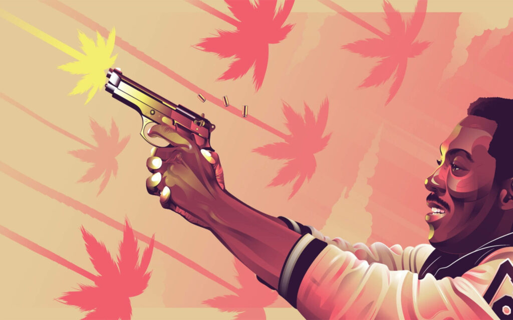 Eddie Murphy as Axel Foley firing gun vibrant stylized Beverly Hills Cop wallpaper palm leaves