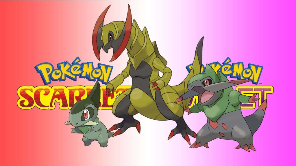 Dragon-type Axew Fraxure Haxorus wallpaper Pokémon Scarlet soft pink gradient background digital art