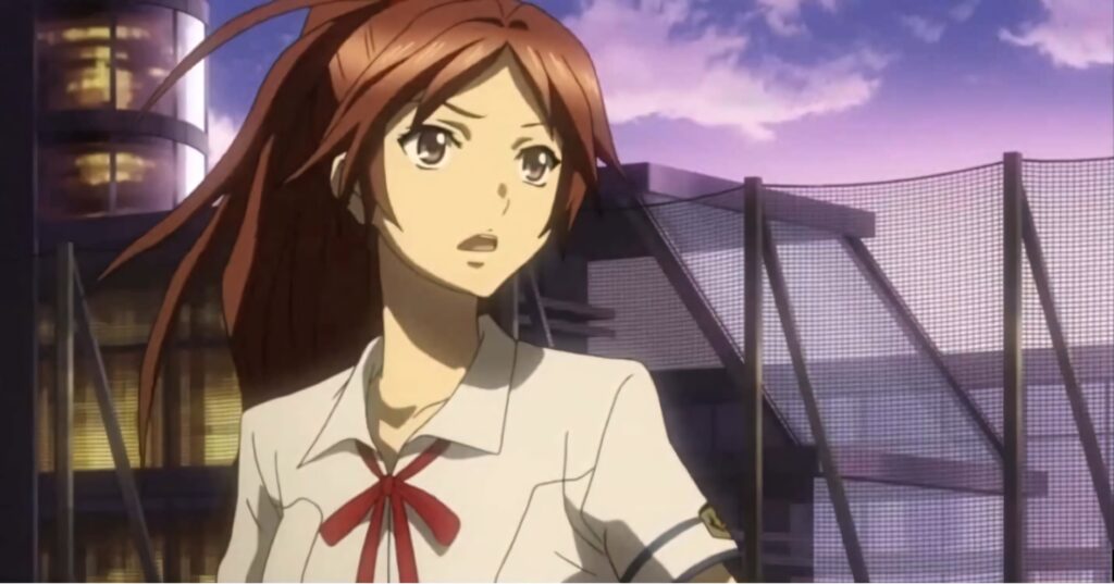 Ayase Shinomiya in school uniform on rooftop at sunset with cityscape background wallpaper