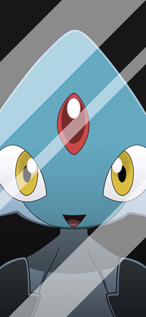 Close-up of Azelf with bright yellow eyes and red gem on sleek modern wallpaper background