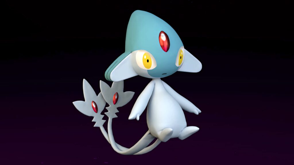 Azelf floating gracefully with two long tails on a dark mystical background wallpaper