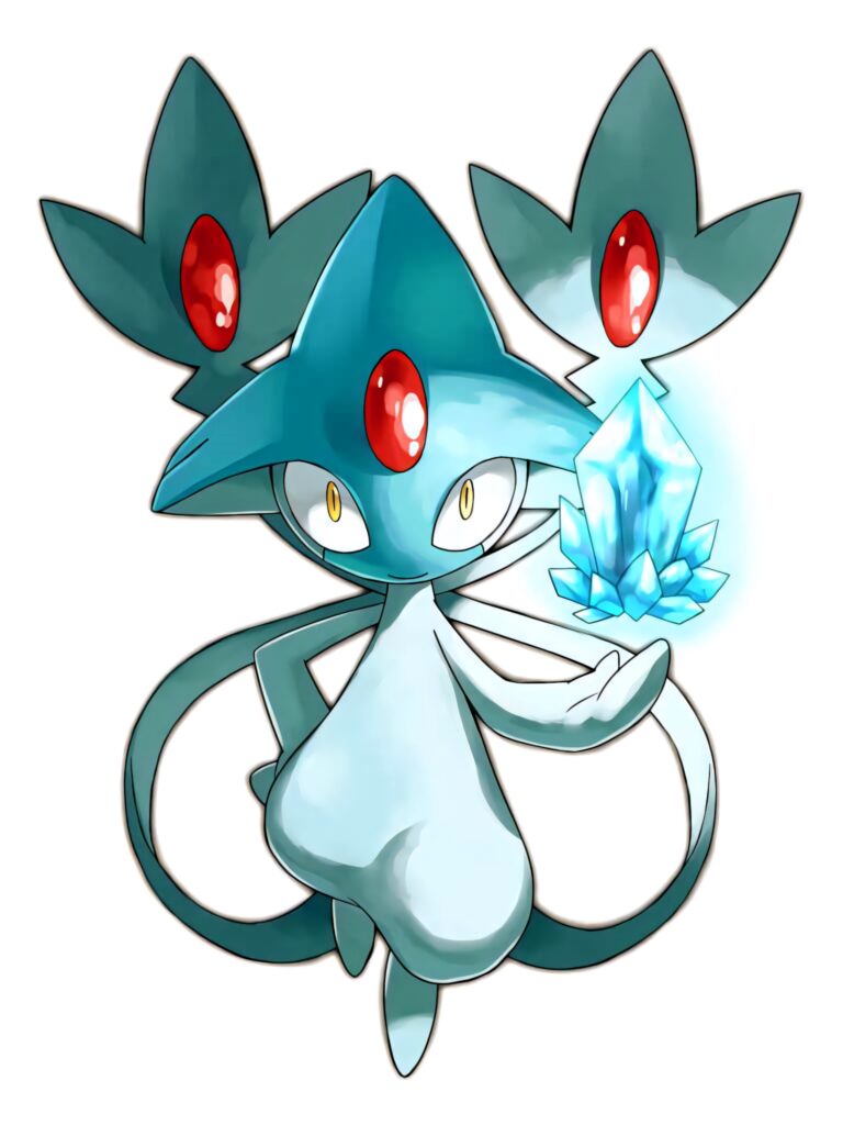 Azelf Pokémon wallpaper with blue green hues holding glowing crystal with red jewels background