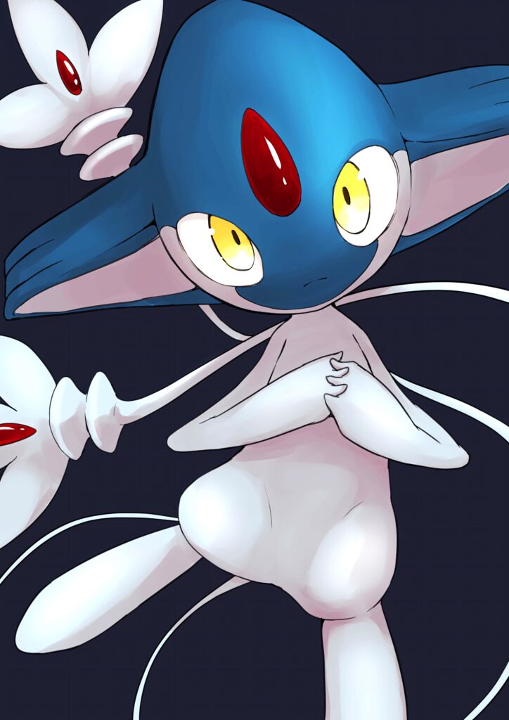 Azelf Pokémon blue and pink Psychic-type glowing softly on dark mystical wallpaper background