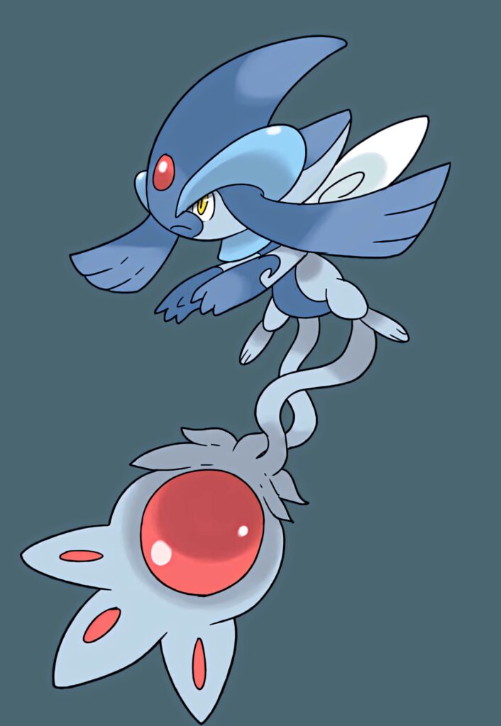 Azelf in a mysterious pose with radiant jewel-encrusted tail on smooth muted wallpaper background