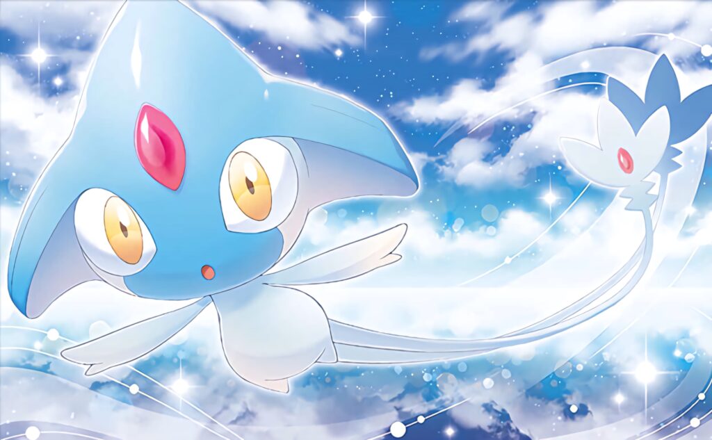 Azelf flying in a vibrant cloudy sky with sparkling light creating a magical wallpaper background