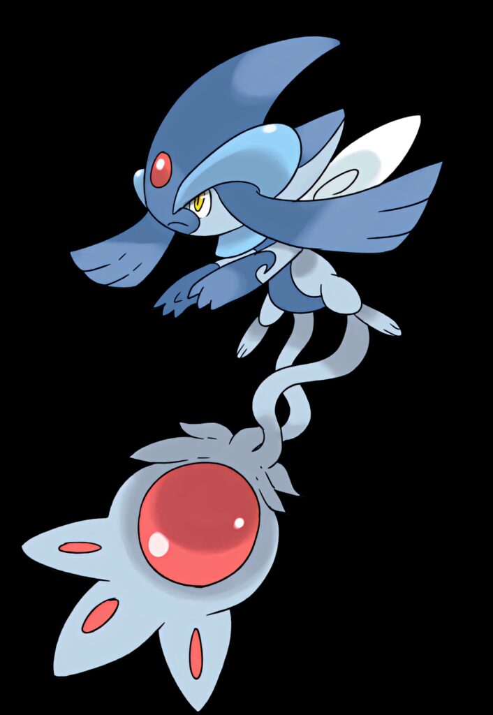 Azelf soaring with bright red jewel on tails against mystical wallpaper background