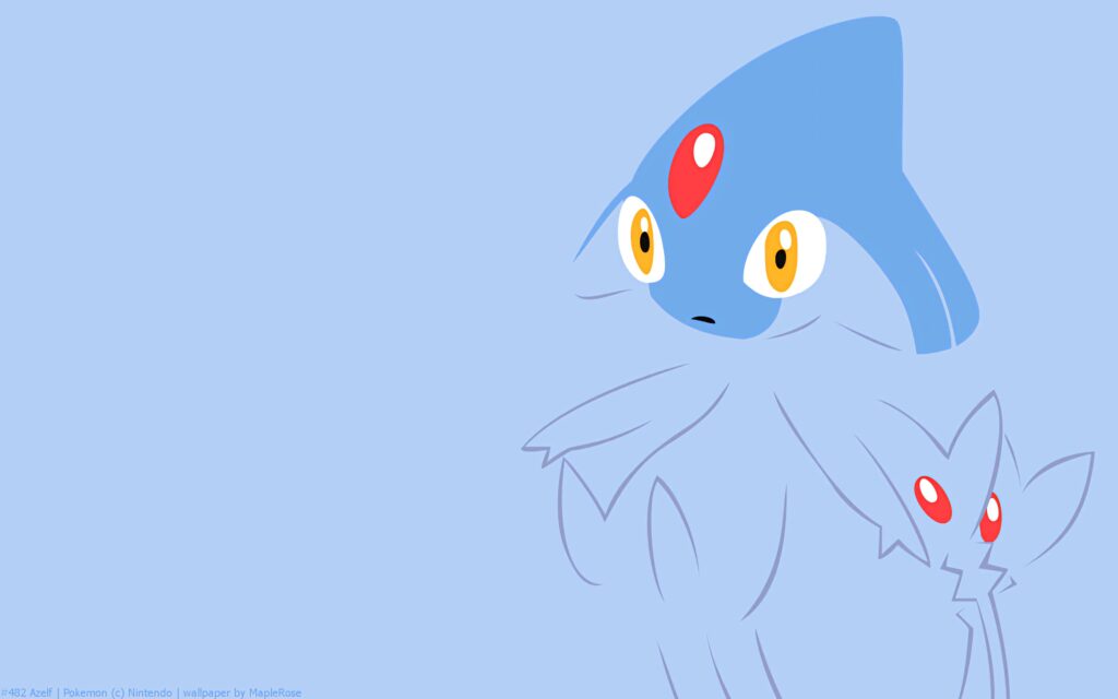 Azelf Pokemon surprised expression on light blue background mystical wallpaper design
