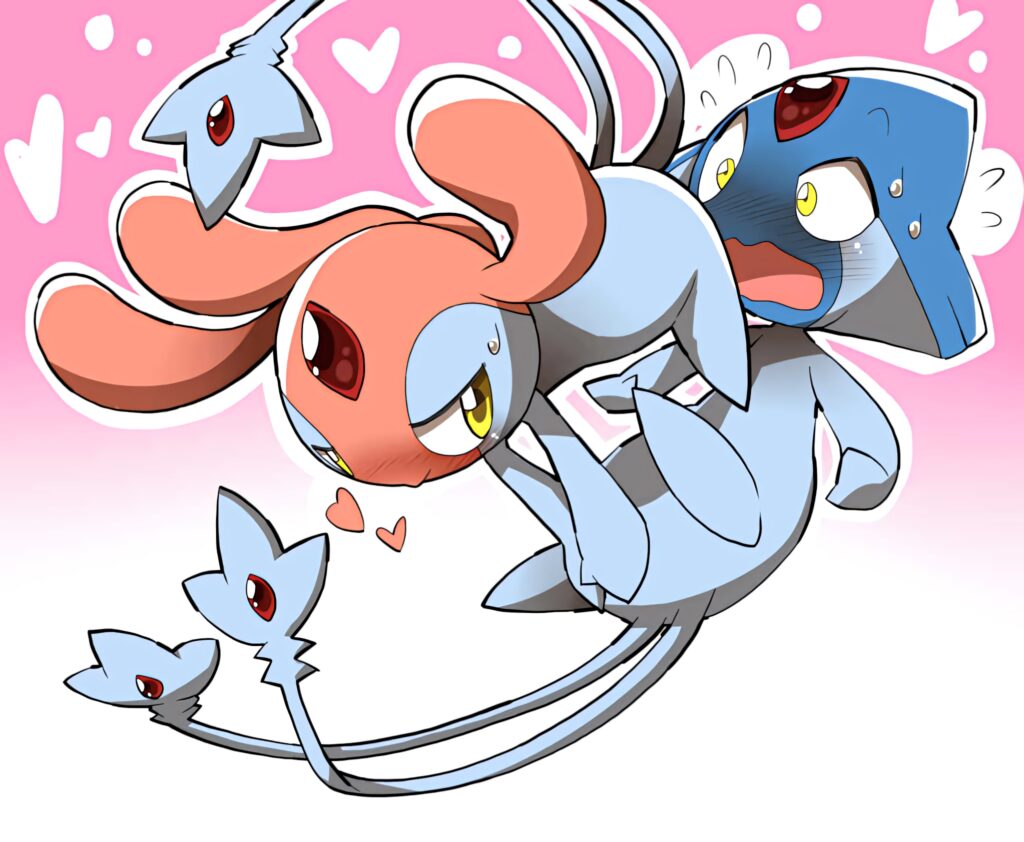 Azelf and Mesprit playing joyfully on pink white heart background Pokémon wallpaper design
