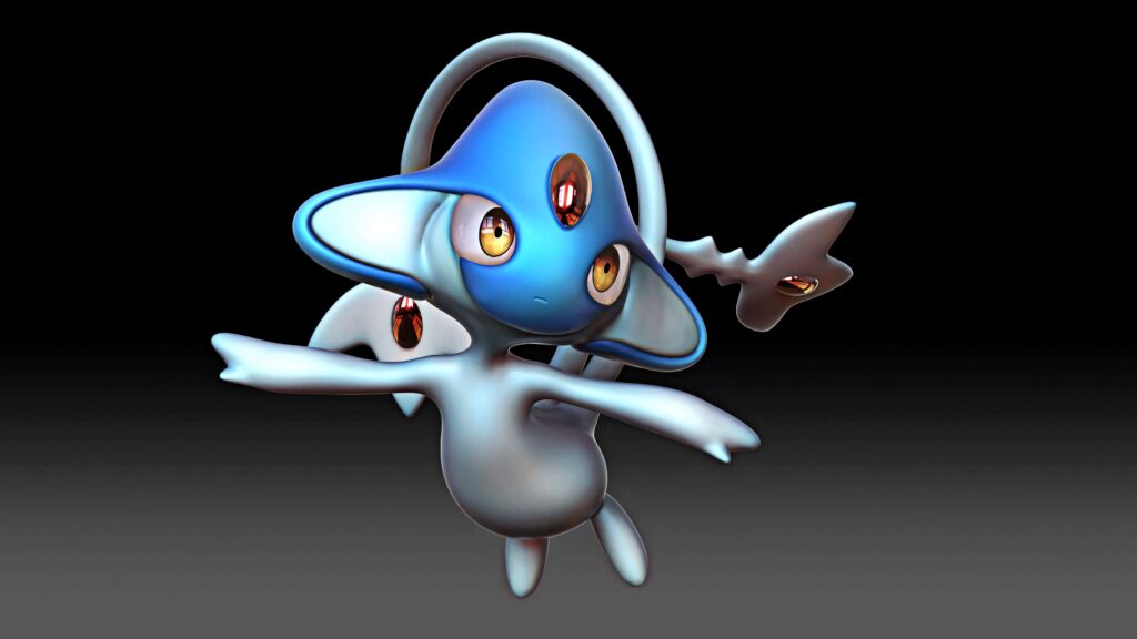 Azelf Pokémon in flight vibrant blue silver design with expressive eyes on sleek gradient background Wallpaper