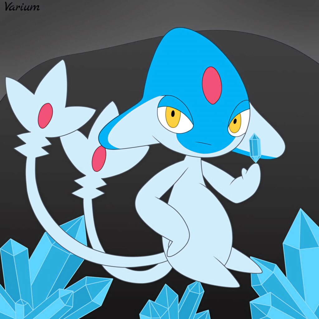 Azelf holding a blue crystal surrounded by vibrant crystals on dark background wallpaper