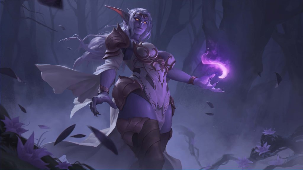Azralith Night Elf casting purple magic in misty forest 4k fantasy digital illustration wallpaper