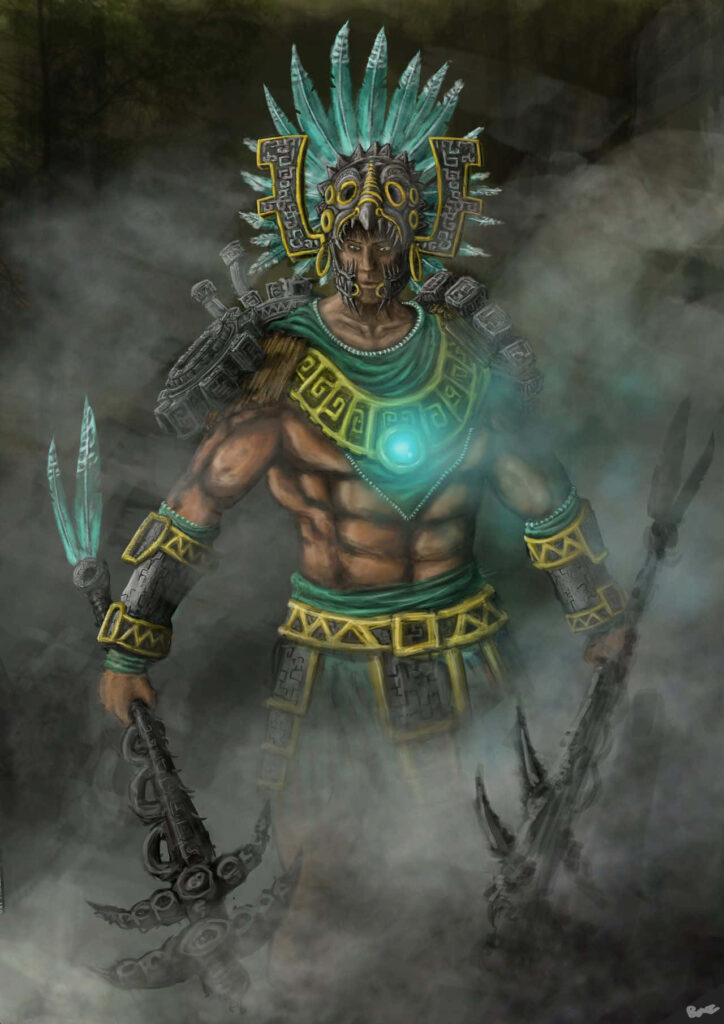 Aztec warrior in ornate feathered headdress and armor amid mist with glowing chestplate weapon Wallpaper