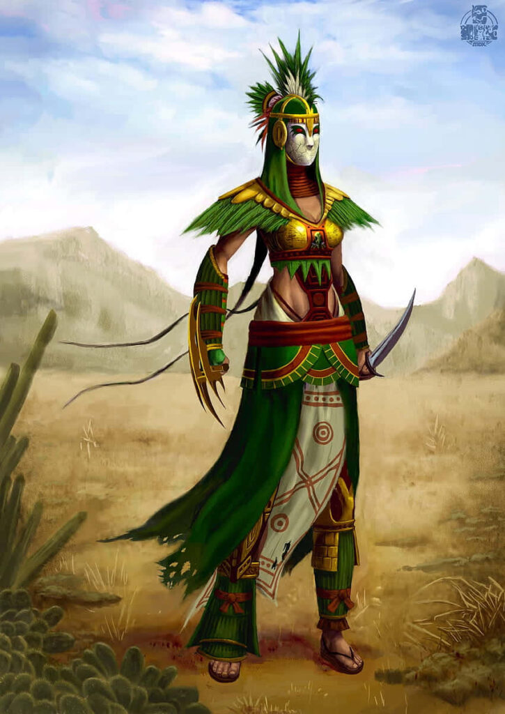 Aztec warrior in traditional armor holding weapon standing strong in desert landscape wallpaper