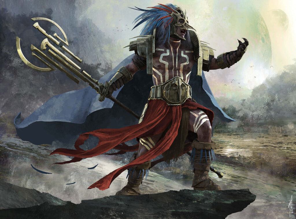 Aztec warrior on rocky cliff holding rare reclination shield with blue red feathers and body paint Wallpaper
