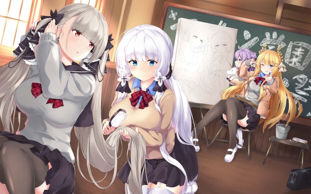 Azur Lane anime wallpaper cozy classroom with Formidable Illustrious Unicorn Warspite in uniforms