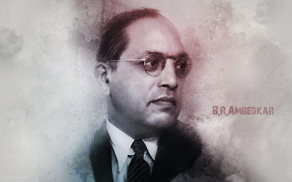 Portrait of B R Ambedkar in black suit with grey sepia background and bold name wallpaper