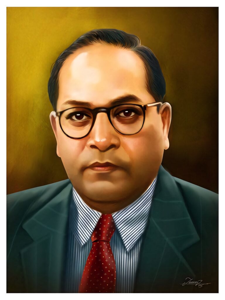 Digital portrait of B R Ambedkar with golden background highlighting his iconic glasses and suit Wallpaper