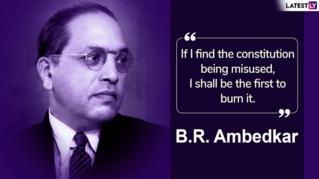 Grayscale portrait of B R Ambedkar with violet background and bold constitution quote wallpaper