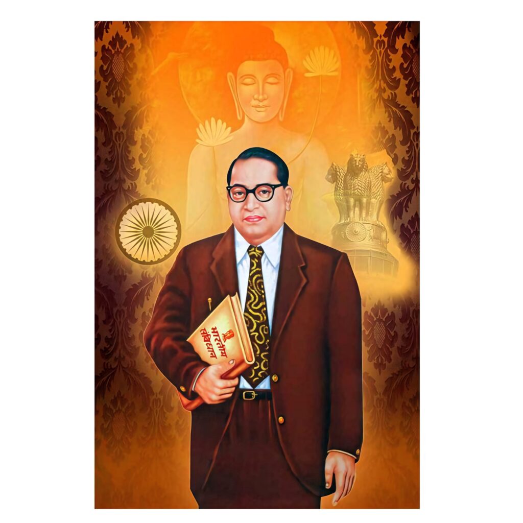 B R Ambedkar with Indian Constitution golden background Buddha Ashoka Pillar emblem wallpaper