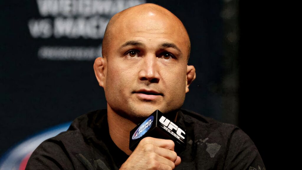 B.J. Penn focused at UFC press conference engaging MMA fans perfect wallpaper background