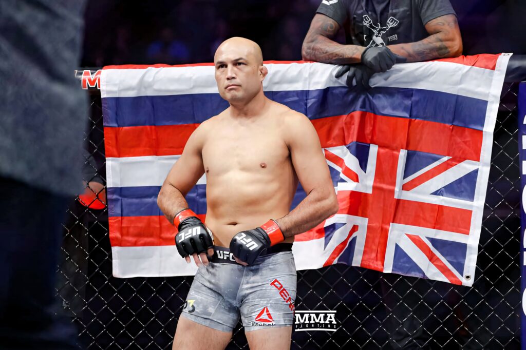 B.J. Penn in UFC octagon with Hawaii flag ready for fight wallpaper background