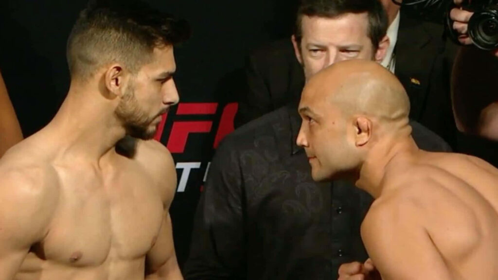 B.J. Penn and Yair Rodriguez intense pre-fight weigh-in faceoff shirtless UFC wallpaper background