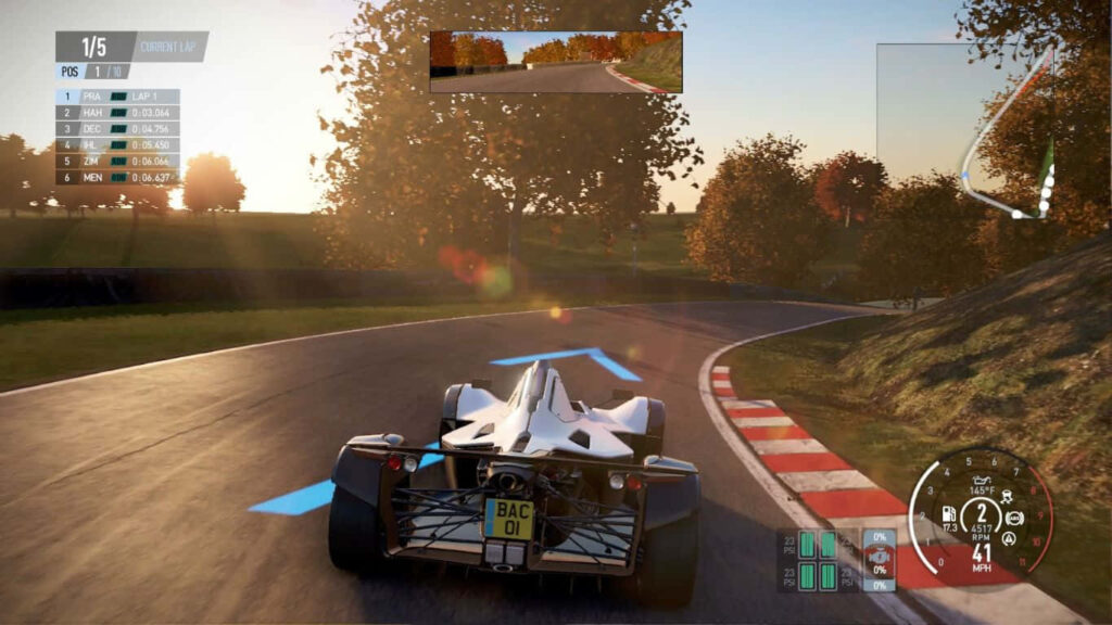 BAC Mono racing on sunlit autumn track in Project Cars 2 realistic motorsport simulation wallpaper