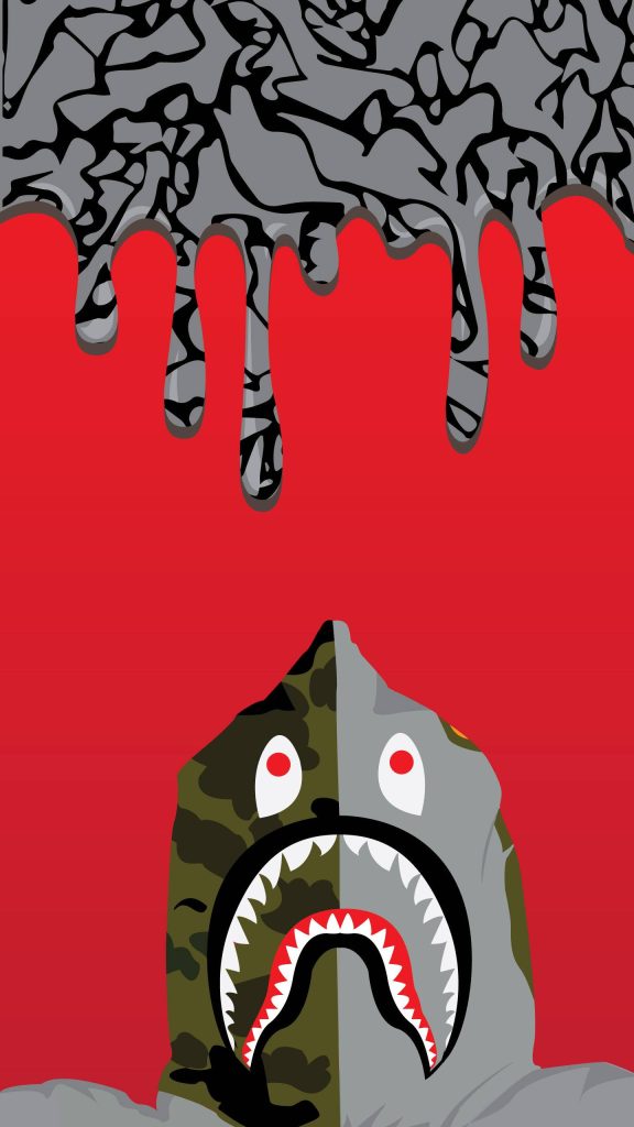 BAPE Shark hoodie wallpaper split camo grey red background melting drip streetwear hypebeast