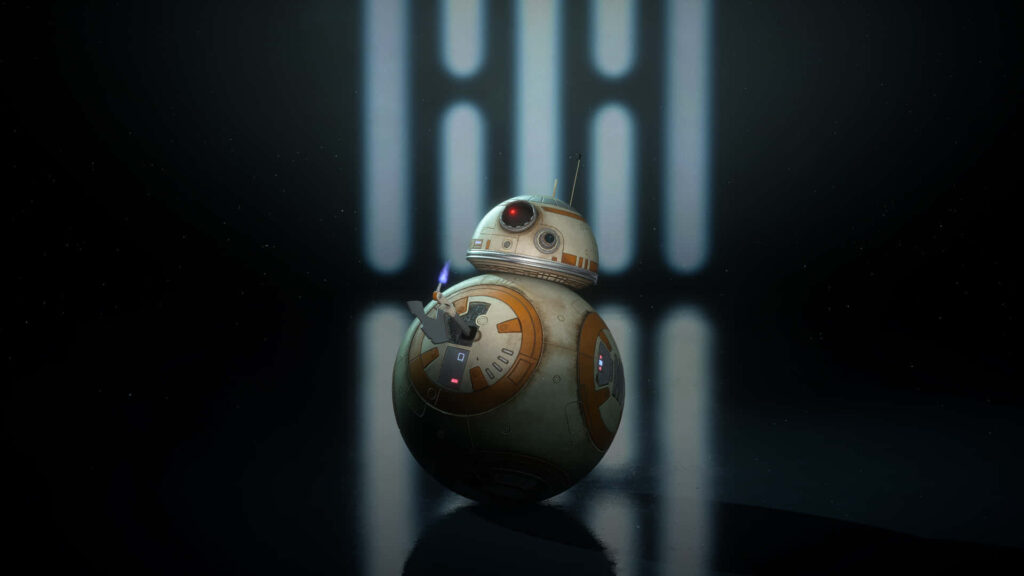 BB-8 droid from Star Wars in spotlight with glowing light patterns dark wallpaper background