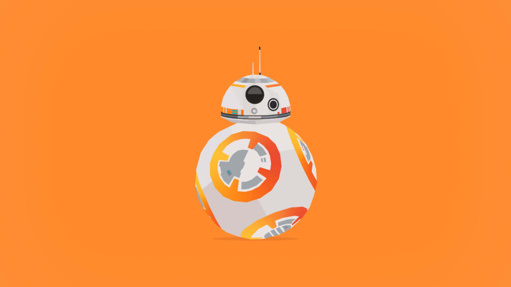 BB-8 Star Wars wallpaper with vibrant orange background showcasing playful adventurous droid
