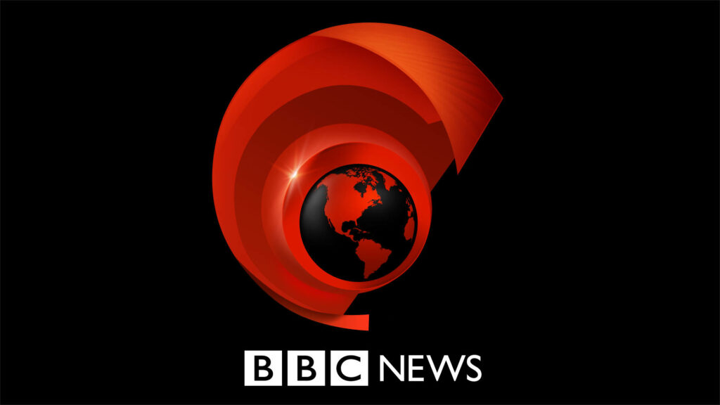 Red Geometric Patterns Encompassing the Iconic BBC World News Globe on a Sleek Black Canvas Wallpaper