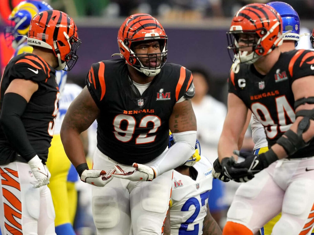 Cincinnati Bengals football player BJ Hill on field with teammates in black and orange uniforms Wallpaper