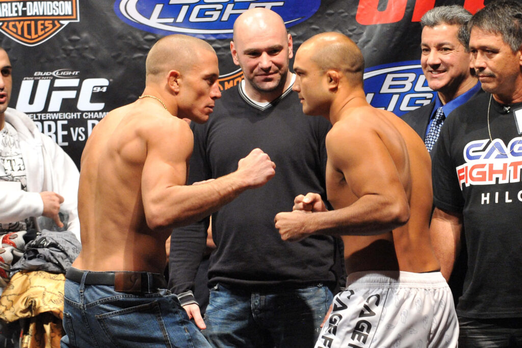 B.J. Penn and Georges St-Pierre intense UFC weigh-in face-off rivalry wallpaper background