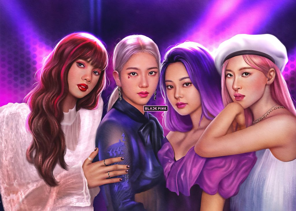 BLACKPINK Lisa Jisoo Jennie Rosé stylish digital painting purple stage lighting wallpaper