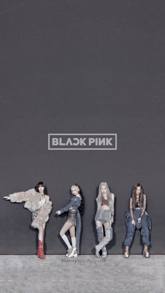 BLACKPINK members in How You Like That outfits with logo on minimalist gray stylish wallpaper background