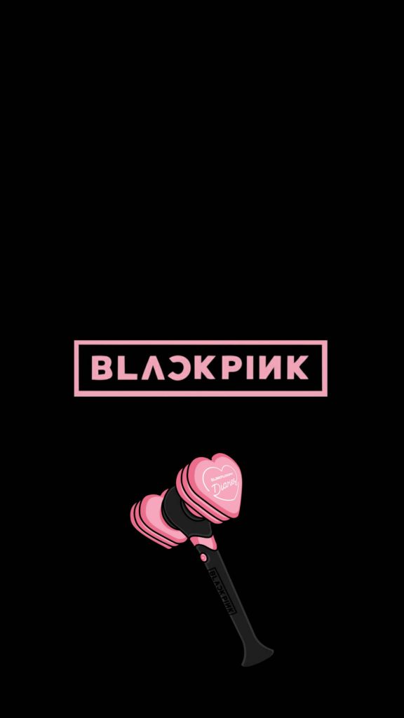 BLACKPINK wallpaper with pink logo and heart-shaped Bi-Ping-Bong lightstick on black background