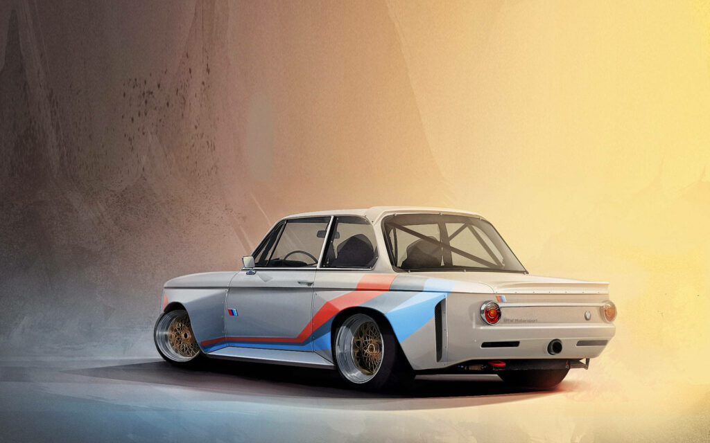 BMW 2002tii 3D rendering with motorsport stripes and racing mods on gradient wallpaper background