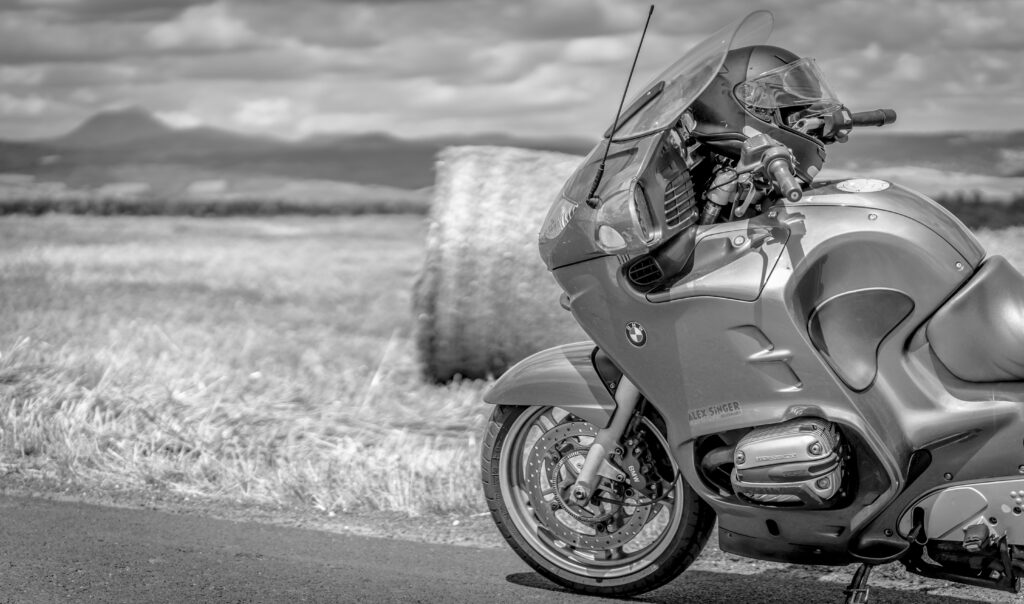 Sleek BMW R 1150 RT: Black & White Motorcycle on Scenic Country Road Wallpaper